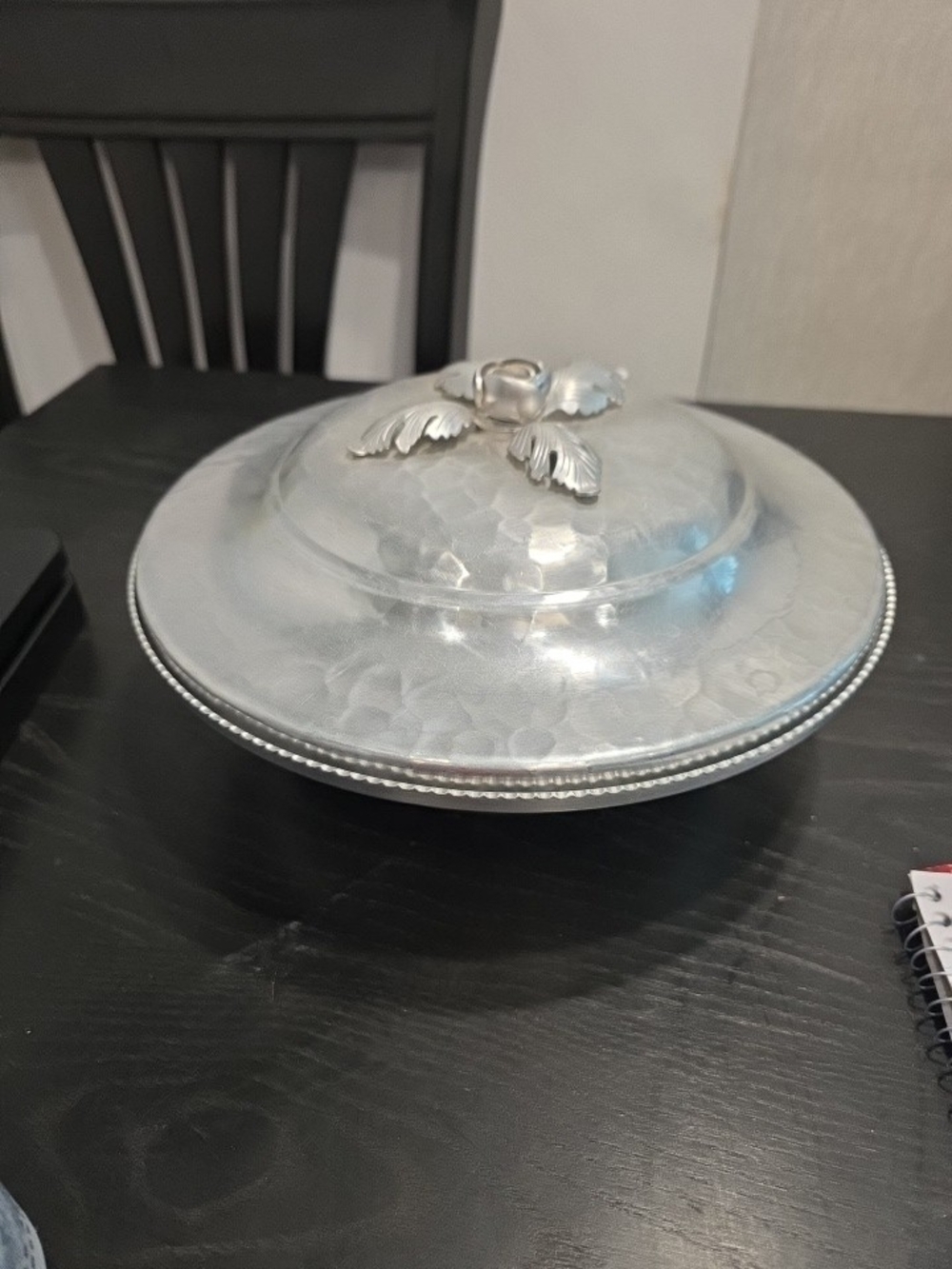 Hammered Metal Covered Serving Dish with Leaf Accent - Silver